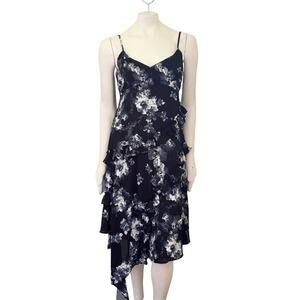 MARC BOUWER Tiered Ruffle Handkerchief Hem Slip Dress in Black Florals Y2K  SZ S